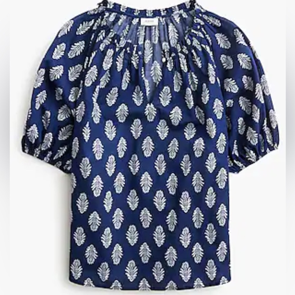 NWT J. Crew Women Printed puff-sleeve split-neck top Navy size XXS